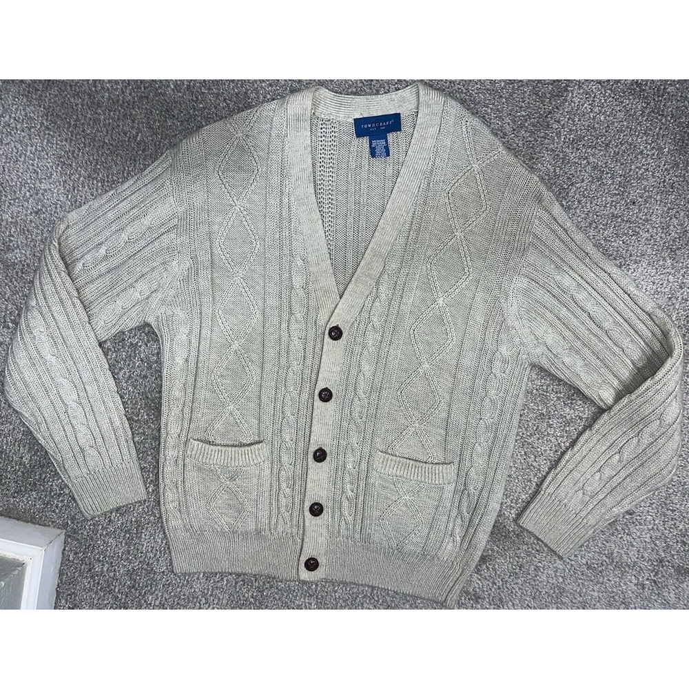 TOWNCRAFT Cable Knit Acrylic Fisherman Cardigan Sweater M VTG 90s Grandpa Golf